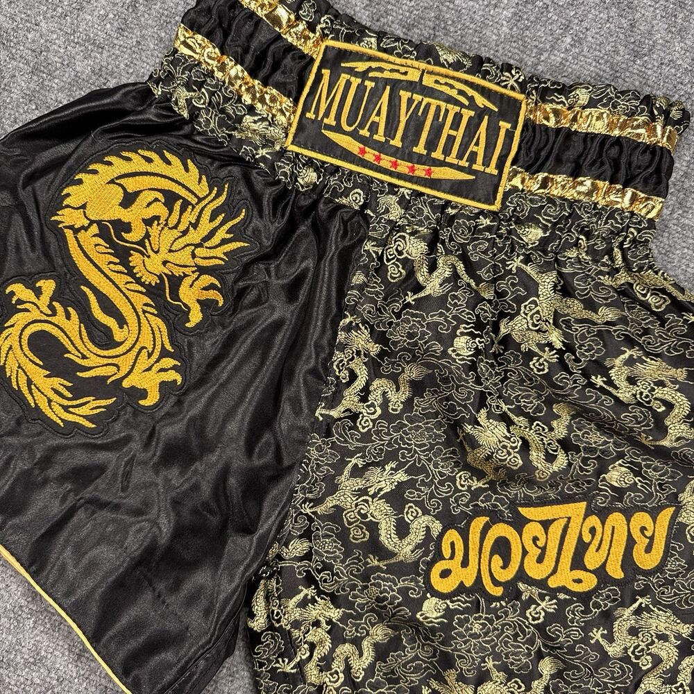 Custom Muay Thai Embroidered Dragon Short - Black Satin - Martial Arts - Small